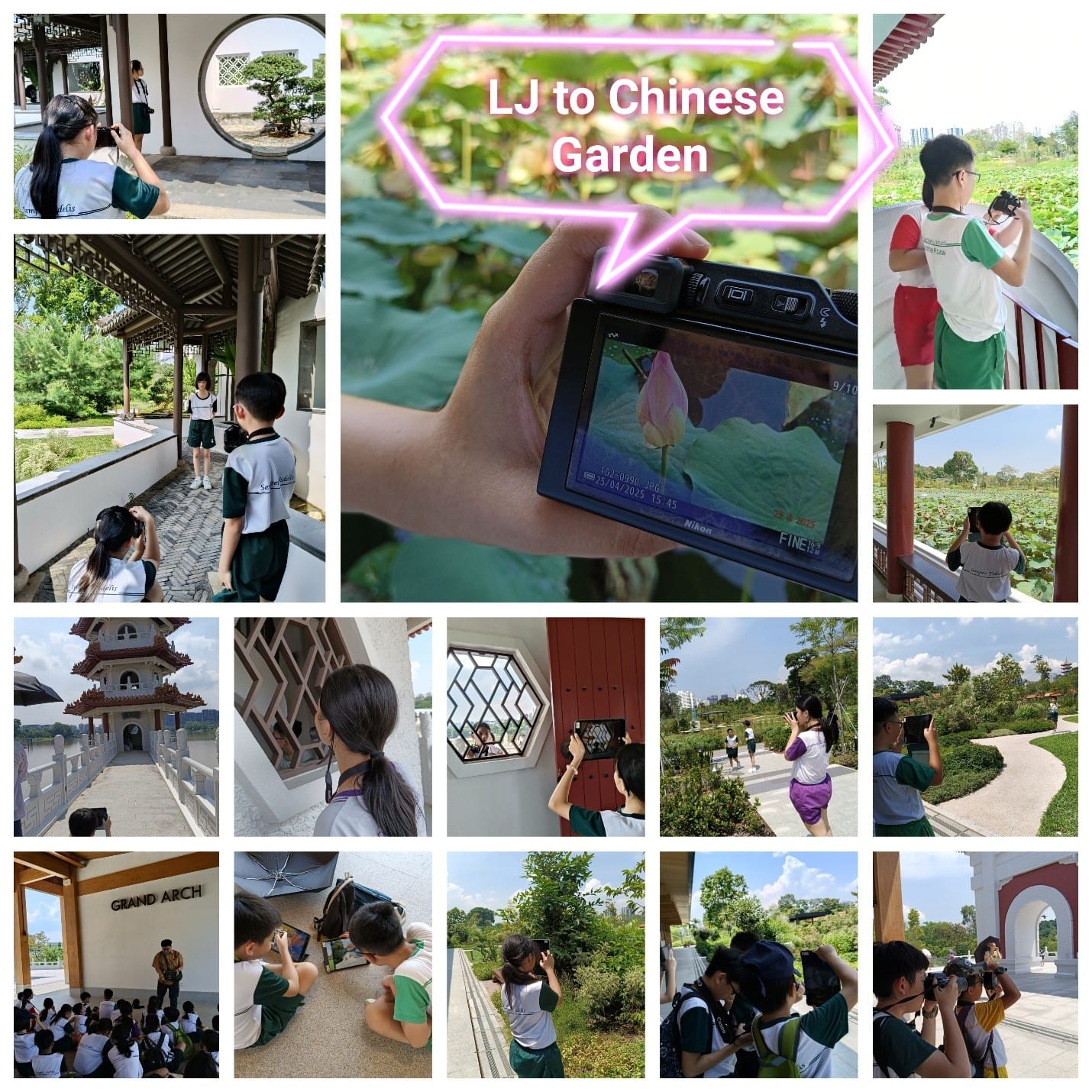 A photo collage of Media Club students on a photography field trip to the Chinese Garden, capturing images of lotus flowers, traditional pavilions, pagodas, and garden landscapes using cameras and tablets.